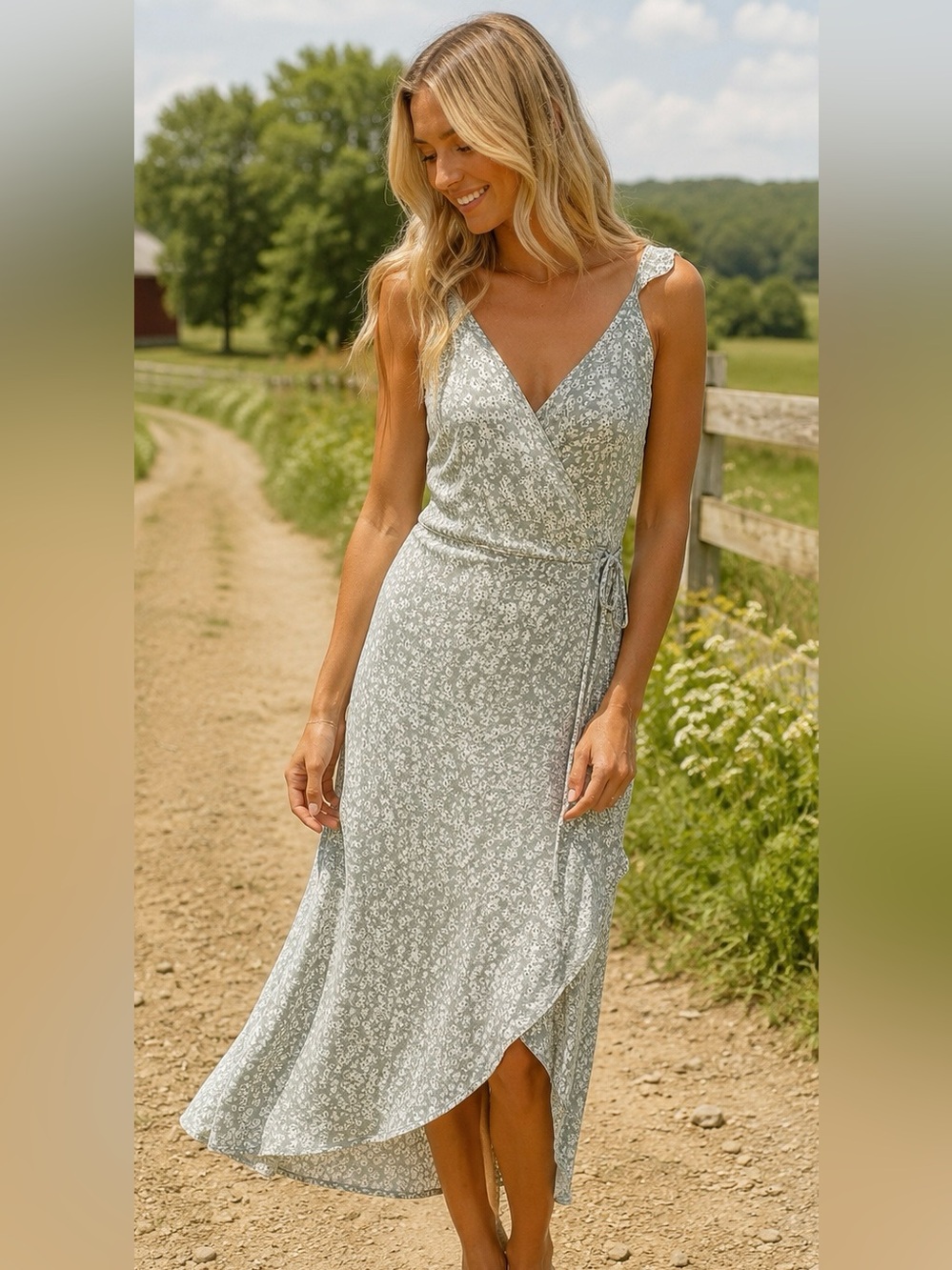 Abercrombie & Fitch Ditsy Floral Wrap Midi Dress Sage Green Viscose Women's L